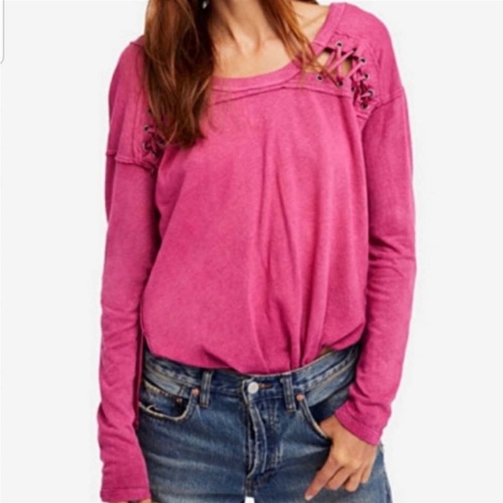 NWT Free People XS First Love Lace Up Tee Berry Twilight - Picture 4 of 6